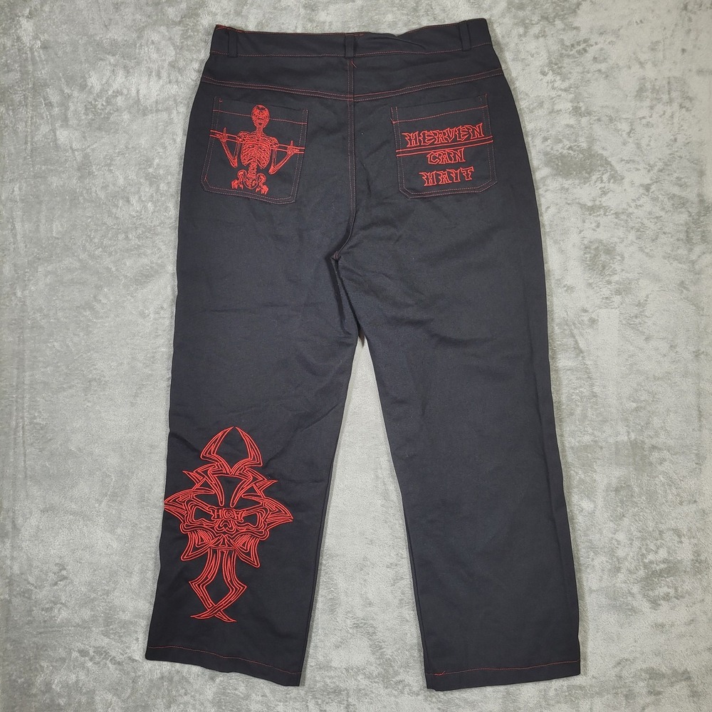 Heaven Can Wait Pants Mens 40 Black Red Embroidered Skeleton Graphic Streetwear - Picture 7 of 12